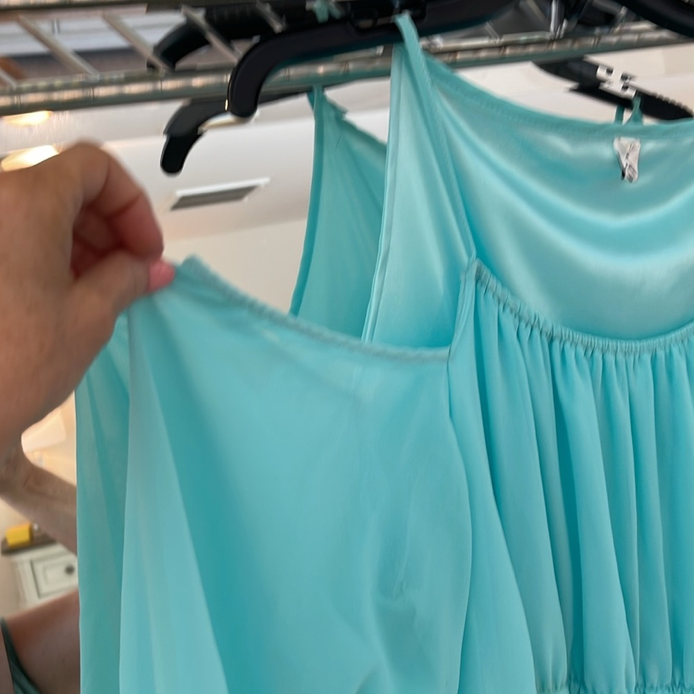 A- Afibi long teal dress. Dropped shoulders and front spaghetti straps 2XL - Picture 4 of 9
